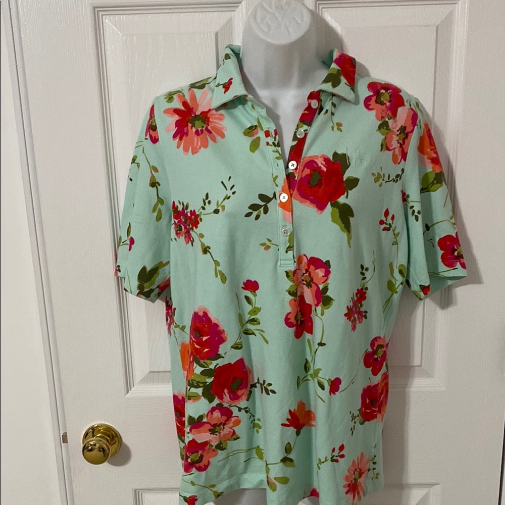 Isaac Mizrahi Green and Coral Floral Polo Shirt
